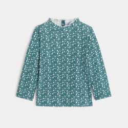 تيشيرت بياقة مضلعة ومسطحة باللون الأخضر للفتيات الصغيرات